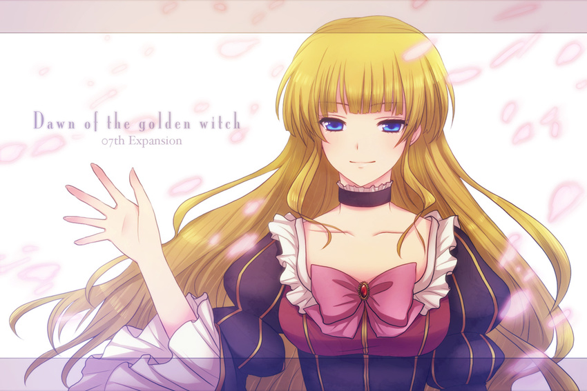 bad_id bad_pixiv_id beatrice blonde_hair blue_eyes bow choker dress hair_down light_smile long_hair outstretched_hand pink_bow ribbon solo uka_(color_noise) umineko_no_naku_koro_ni upper_body wallpaper waving