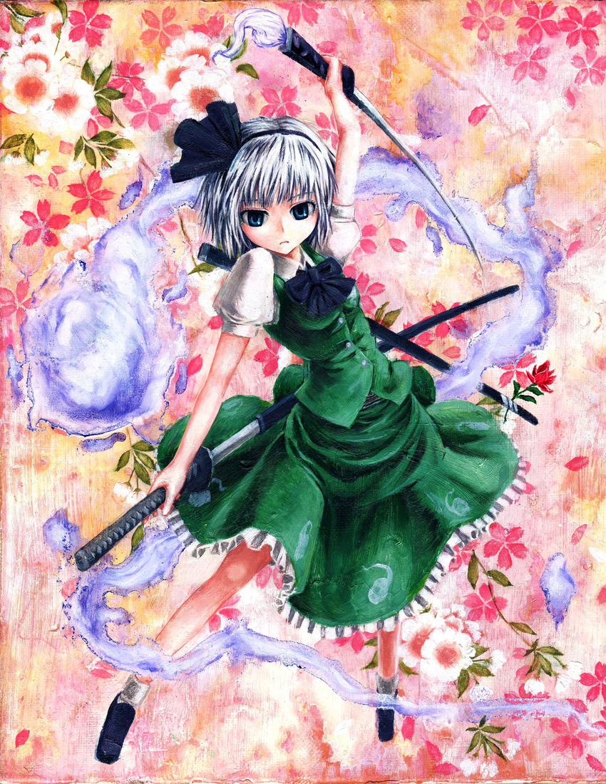 blue_eyes hairband highres hitodama kabaji katana konpaku_youmu konpaku_youmu_(ghost) oil_painting_(medium) ribbon short_hair silver_hair solo sword touhou traditional_media weapon