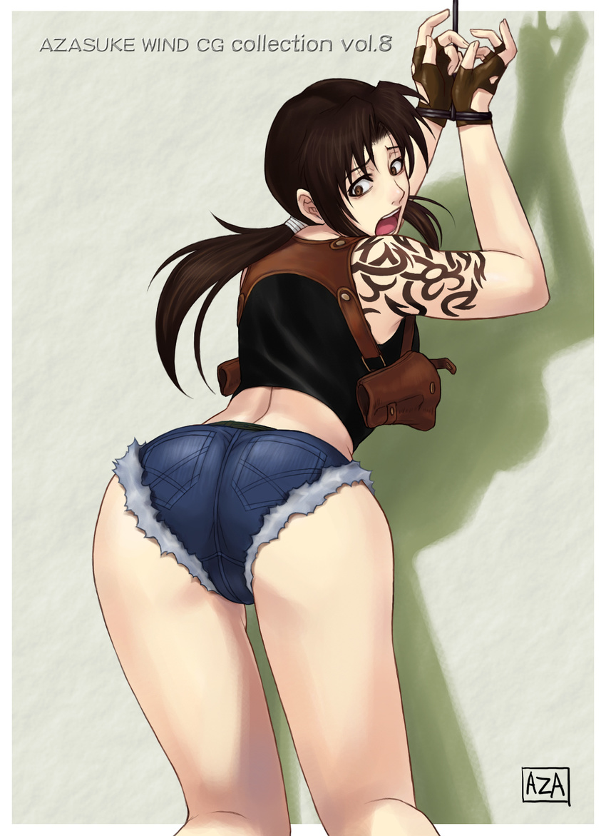 1girl ass azasuke back bdsm bent_over black_lagoon bondage bound bound_wrists brown_eyes brown_hair bsdm denim denim_shorts female fingerless_gloves from_behind gloves highres holster long_hair looking_back open_mouth revy revy_(black_lagoon) rope short_shorts shorts solo standing tank_top tattoo watermark