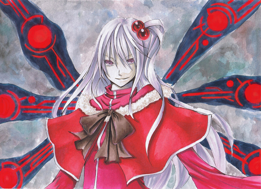 bad_id bad_pixiv_id bow capelet grin hair_bobbles hair_ornament highres kuro_(b_g) long_hair marker_(medium) paint_(medium) purple_eyes red_capelet shinki side_ponytail silver_hair smile solo touhou traditional_media wings