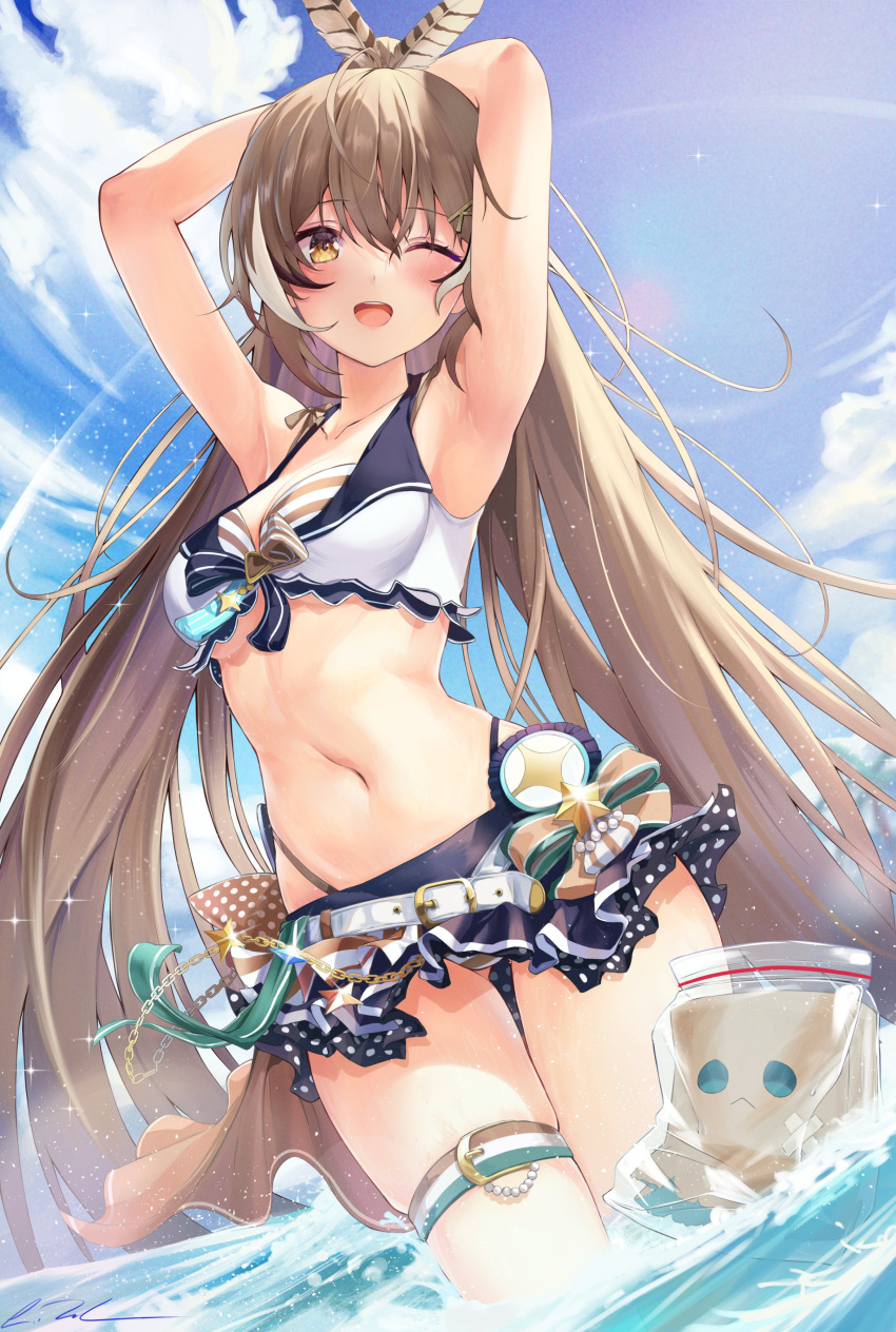 1girl absurdres ahoge armpits arms_behind_head arms_up bikini bikini_skirt blue_sky blush breasts brown_bikini brown_eyes brown_hair brown_ribbon cloud collarbone feather_hair_ornament feathers friend_(nanashi_mumei) hair_ornament hairclip highres holocouncil hololive hololive_english lens_flare long_hair looking_at_viewer lukas_reule multicolored_hair nanashi_mumei navel one_eye_closed open_mouth outdoors partially_submerged ponytail ribbon skirt sky smile solo stomach streaked_hair swimsuit thighs very_long_hair virtual_youtuber water wet ziploc_bag