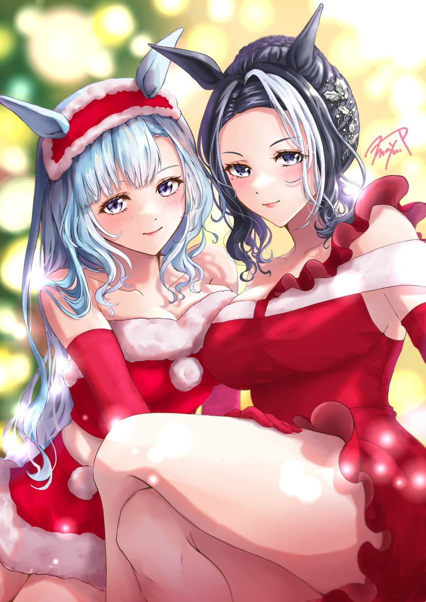 2girls absurdres alternate_eye_color animal_ears bare_shoulders black_hair blue_hair blurry blurry_background blush breasts cleavage closed_mouth commentary_request dress elbow_gloves fur-trimmed_dress fur_trim gloves hair_bun hair_ornament highres horse_ears horse_girl horse_tail large_breasts light_blue_hair long_hair looking_at_viewer mayupika mejiro_ardan_(umamusume) mejiro_ramonu_(umamusume) multicolored_hair multiple_girls off-shoulder_dress off_shoulder red_gloves santa_dress signature smile strapless strapless_dress streaked_hair tail umamusume white_hair yellow_eyes