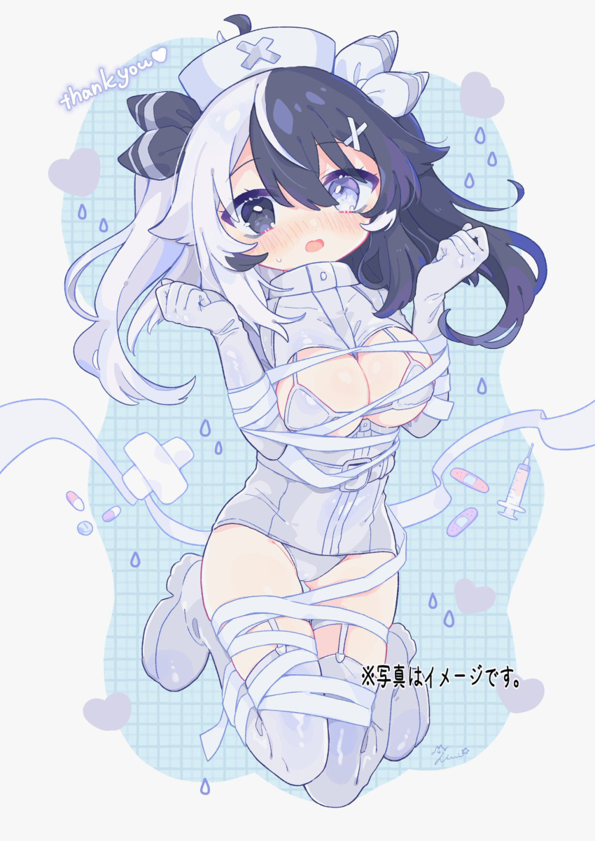 1girl bandaged_arm bandaged_leg bandages bikini black_eyes black_hair blue_eyes blush boots bow breast_cutout breasts christmas commission full_body gloves hair_bow hair_ornament hairclip hat heterochromia high_collar highres jacket kiuinomeronsoda large_breasts long_hair looking_at_viewer micro_bikini nose_blush nurse_cap open_mouth original pill solo split_mouth sweat swimsuit syringe thighhighs translation_request twintails white_hair