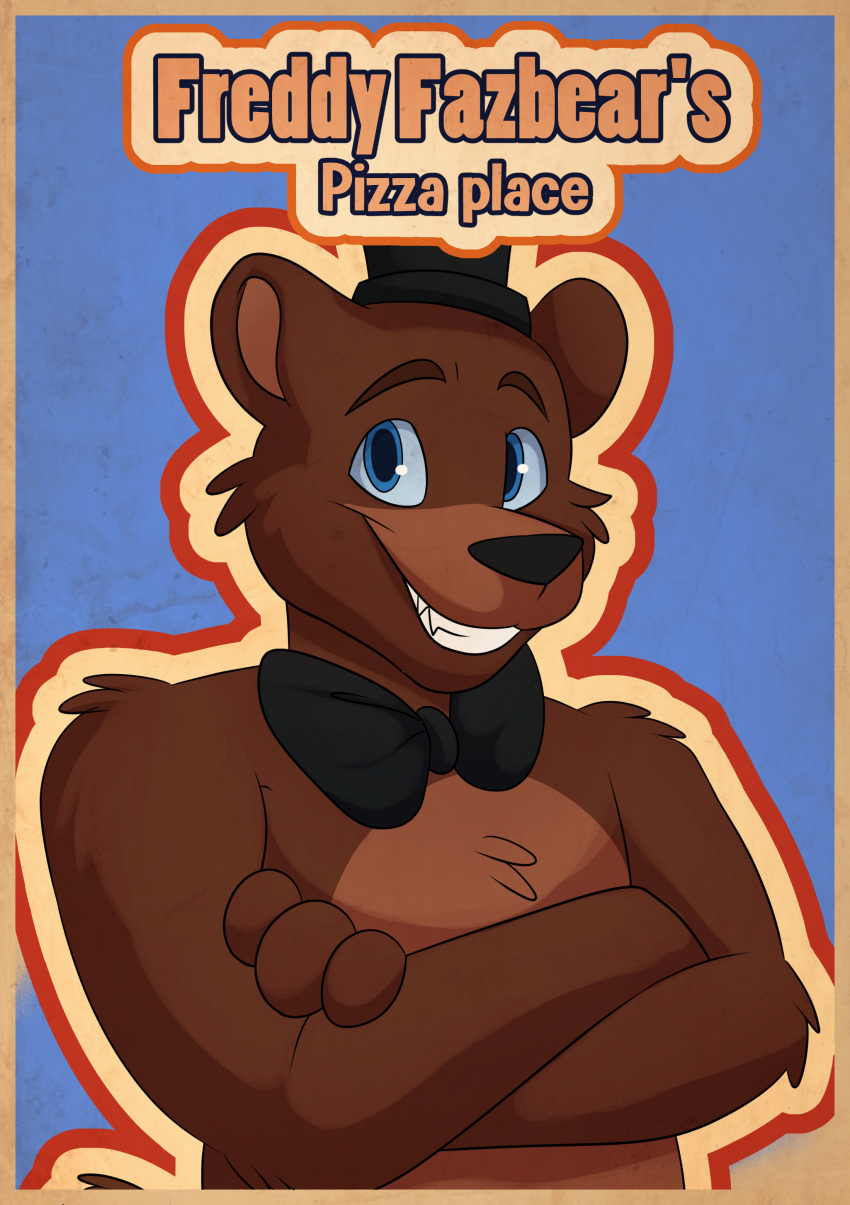 2023 absurd_res anthro bear blue_background blue_eyes bow_tie brown_body brown_fur clothing crossed_arms digital_drawing_(artwork) digital_media_(artwork) english_text five_nights_at_freddy's freddy_(fnaf) fur hat headgear headwear hi_res looking_at_viewer male mammal mandyfoxy multicolored_body multicolored_fur poster scottgames simple_background smile snout solo teeth text top_hat two_tone_body two_tone_fur