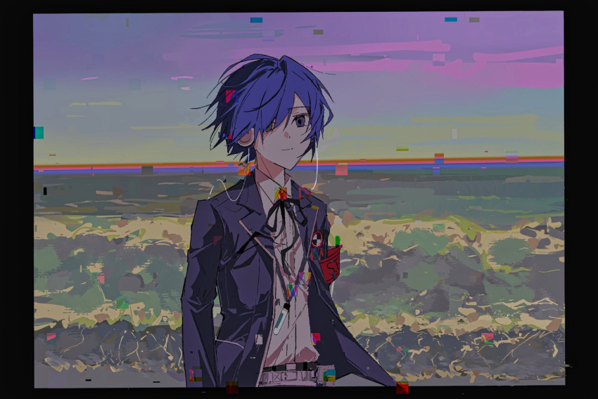 1boy armband black_border black_jacket black_ribbon blue_eyes blue_hair border closed_mouth collared_shirt digital_media_player gekkoukan_high_school_uniform glitch hair_between_eyes hashtag_only_commentary highres jacket looking_at_viewer male_focus mxm1ao neck_ribbon ocean outdoors persona persona_3 red_armband ribbon school_uniform shirt sky solo water white_shirt yuuki_makoto_(persona_3)