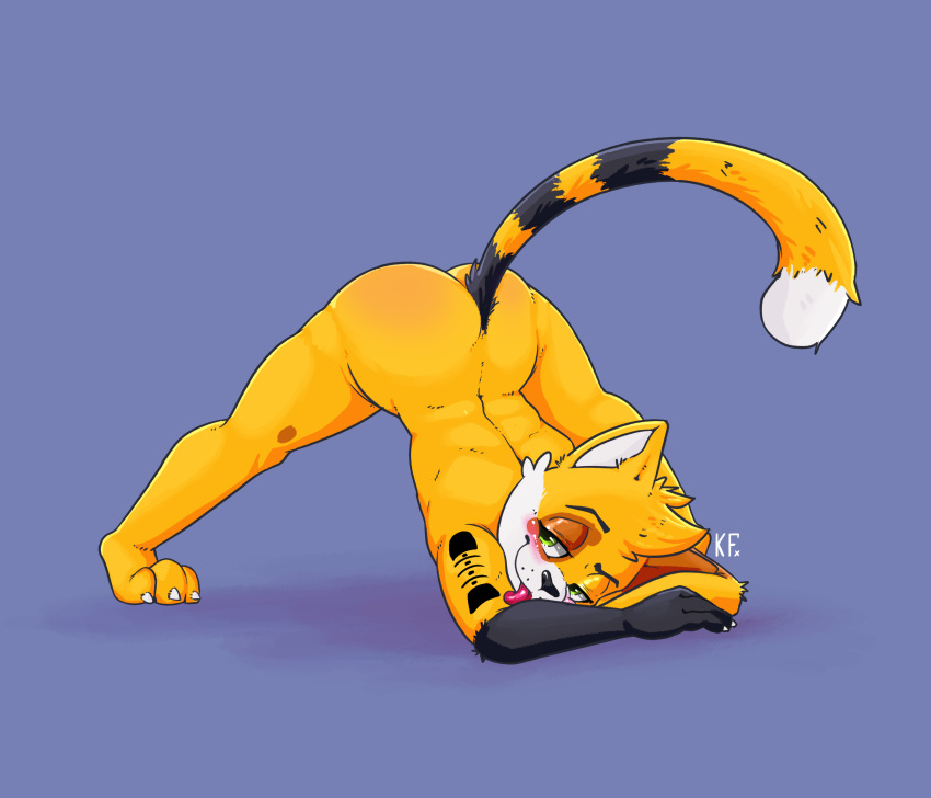 absurd_res anthro blush butt challenge challenge_accepted domestic_cat felid feline felis flirting hi_res katxfish katxlogan male mammal meme nude raised_tail solo stretching stretching_legs tail tattoo tongue tongue_out