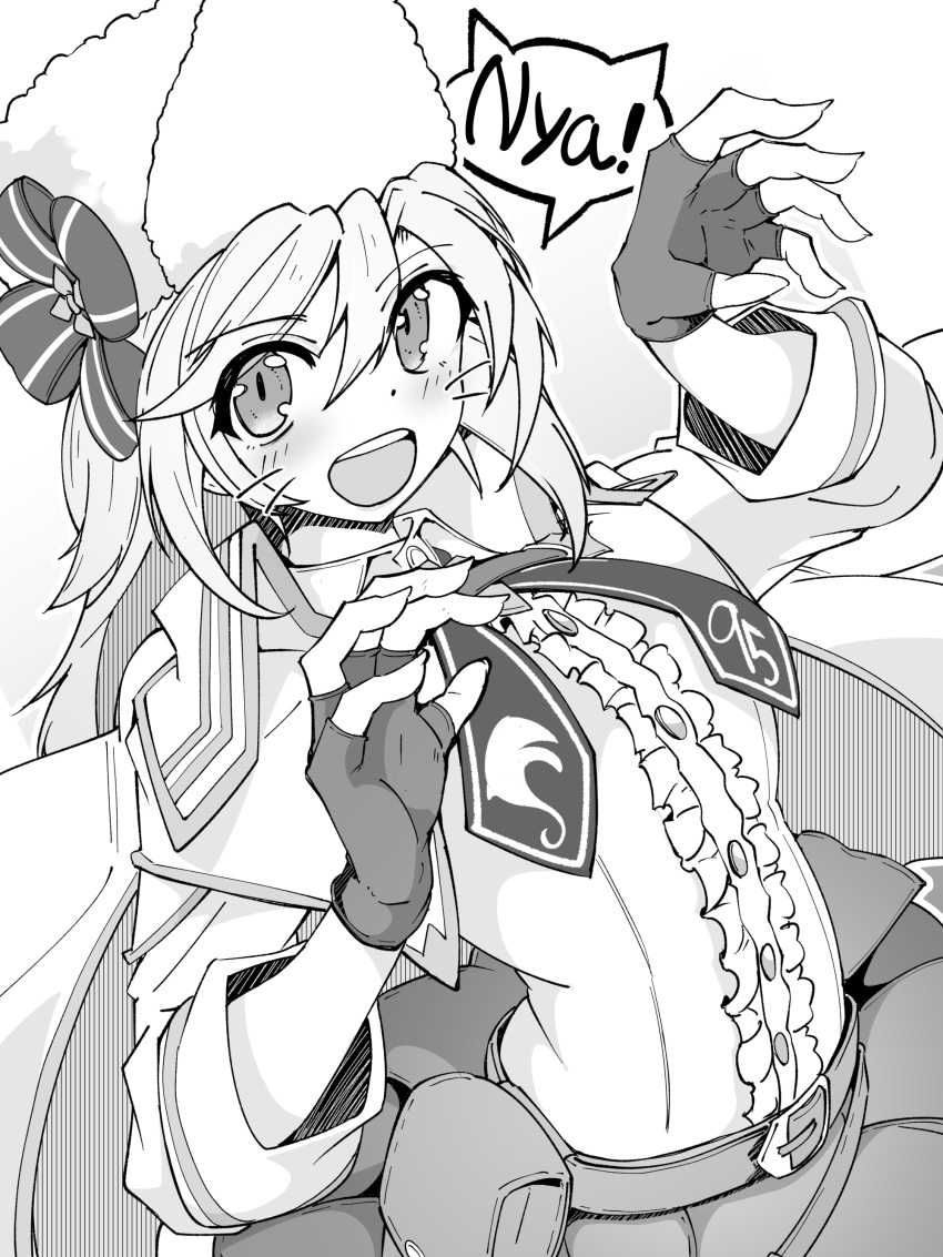 1girl absurdres belt belt_pouch claw_pose drawn_whiskers fingerless_gloves fur_hat girls'_frontline gloves hat hat_ribbon highres long_hair looking_at_viewer minami_shin_(zenshuu_bougyo) monochrome nagant_revolver_(girls'_frontline) nyan open_mouth pouch ribbon solo speech_bubble teeth upper_body upper_teeth_only