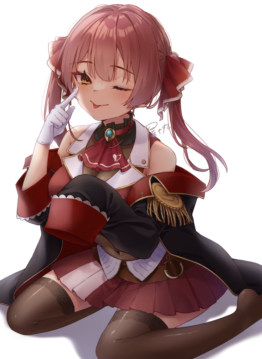 1girl ;p absurdres ascot belt black_choker black_coat black_thighhighs blush breasts brown_belt choker cleavage coat cropped_jacket frilled_choker frills gloves hair_ribbon highres hololive houshou_marine houshou_marine_(1st_costume) jacket large_breasts leather_belt leotard leotard_under_clothes long_hair looking_at_viewer miniskirt one_eye_closed pleated_skirt red_ascot red_coat red_jacket red_ribbon red_skirt ribbon skirt sleeveless sleeveless_jacket sleeves_past_fingers sleeves_past_wrists smile thighhighs tongue tongue_out twintails two-sided_coat two-sided_fabric virtual_youtuber white_background white_gloves yato_maru yellow_eyes