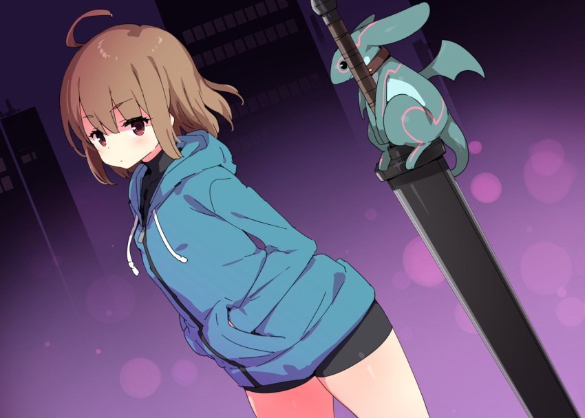 1girl ahoge bike_shorts brown_hair dutch_angle hands_in_pockets hood hooded_jacket jacket kuu_(under_night_in-birth) linne looking_at_viewer petenshi_(dr._vermilion) red_eyes short_hair sword under_night_in-birth weapon