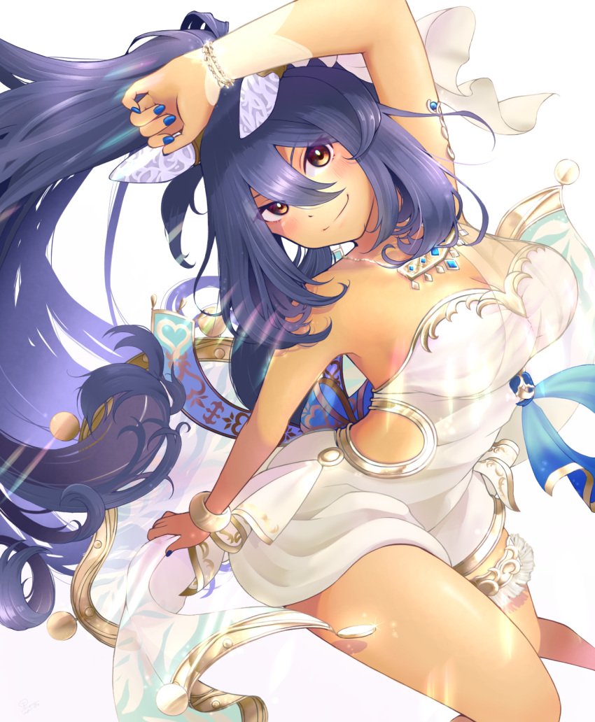 1girl animal_ears arm_up armpits bare_shoulders black_hair blue_nails blush breasts cherry_blossoms cleavage closed_mouth commentary_request dark-skinned_female dark_skin dress ear_covers gem gold_bracelet gold_necklace hair_between_eyes highres hishi_amazon_(hungry_veil)_(umamusume) hishi_amazon_(umamusume) horse_ears horse_girl ibispaint_(medium) jewelry kr_gm long_hair medium_breasts necklace nontraditional_wedding_dress official_alternate_costume ponytail red_eyes simple_background smile solo umamusume upper_body very_long_hair wedding_dress white_background white_dress