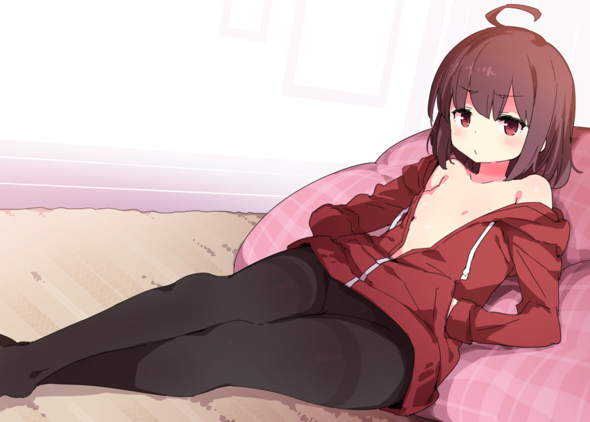 1girl ahoge bare_shoulders bean_bag_chair blush brown_hair carpet crossed_legs frown hands_in_pockets jacket linne looking_at_viewer lying no_shirt off_shoulder on_back pantyhose petenshi_(dr._vermilion) red_eyes short_hair solo thighband_pantyhose under_night_in-birth