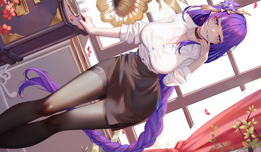 1girl aoi_(buzhuen444) black_pantyhose black_skirt blunt_bangs braid braided_bangs bralines breasts brown_choker brown_skirt choker cleavage collarbone collared_shirt dutch_angle feet_out_of_frame flower genshin_impact hair_flower hair_ornament highres indoors large_breasts leaning_forward long_hair long_sleeves looking_at_viewer mole mole_under_eye office_lady pantyhose partially_unbuttoned pencil_skirt phonograph purple_eyes purple_hair purple_nails raiden_shogun shirt shirt_tucked_in skirt sleeves_rolled_up taut_clothes taut_shirt thighband_pantyhose thighs very_long_hair white_shirt wide_hips window