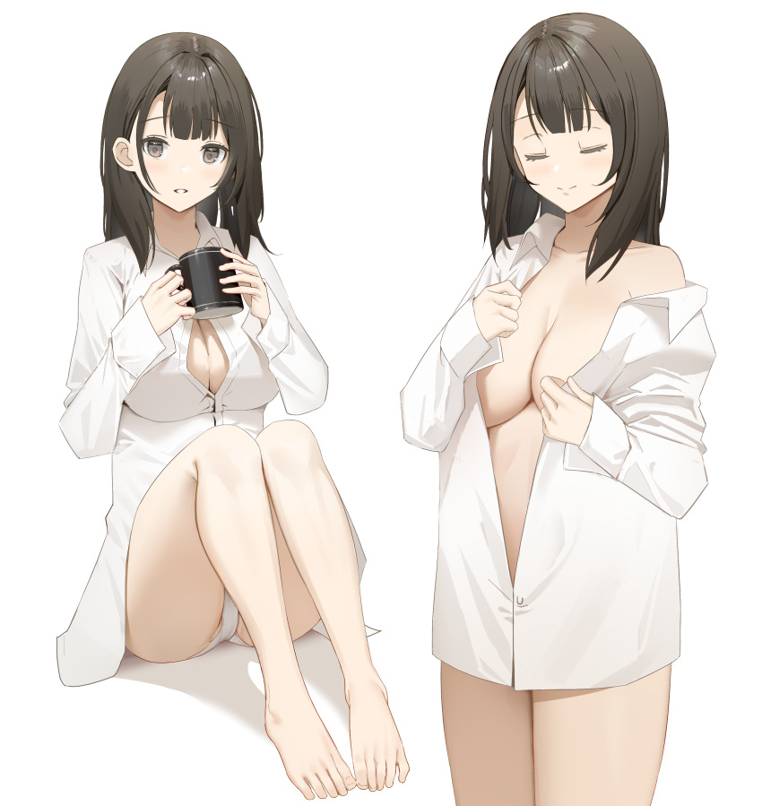 1girl absurdres anklet bare_legs barefoot black_eyes black_hair breasts commentary_request cup feet highres holding holding_cup jewelry long_hair looking_at_viewer medium_breasts no_bra original panties shirt simple_background toes underwear white_panties yuu_(yuu_ammy)