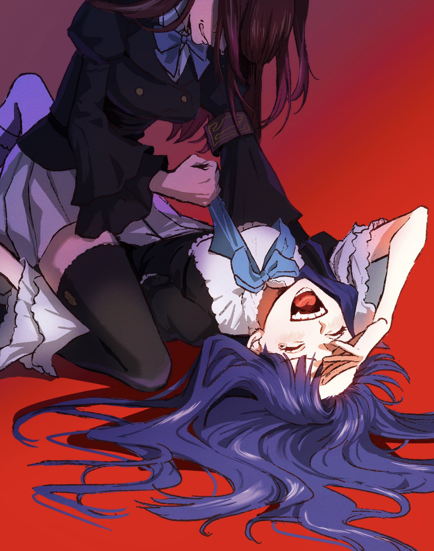 2girls angry armband black_thighhighs blue_hair bow breasts clenched_hand clenched_teeth closed_eyes dress fighting frederica_bernkastel frilled_sleeves frills girl_on_top hair_over_face highres holding laughing layered_dress layered_sleeves lolita_fashion long_hair long_sleeves medium_breasts multiple_girls nasu_(nasuotabe) open_mouth pleated_skirt puffy_long_sleeves puffy_sleeves red_background red_hair simple_background skirt small_breasts smile straddling tearing_up teeth thighhighs tongue umineko_no_naku_koro_ni ushiromiya_ange white_skirt