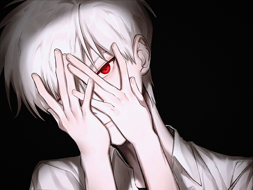 1boy akagi:_yami_ni_oritatta_tensai akagi_shigeru black_background blush closed_mouth collared_shirt commentary_request covering_own_eyes fukumoto_mahjong highres korean_commentary looking_at_viewer male_focus peeking_through_fingers red_eyes shirt short_hair siho_is_alien simple_background upper_body white_hair white_shirt