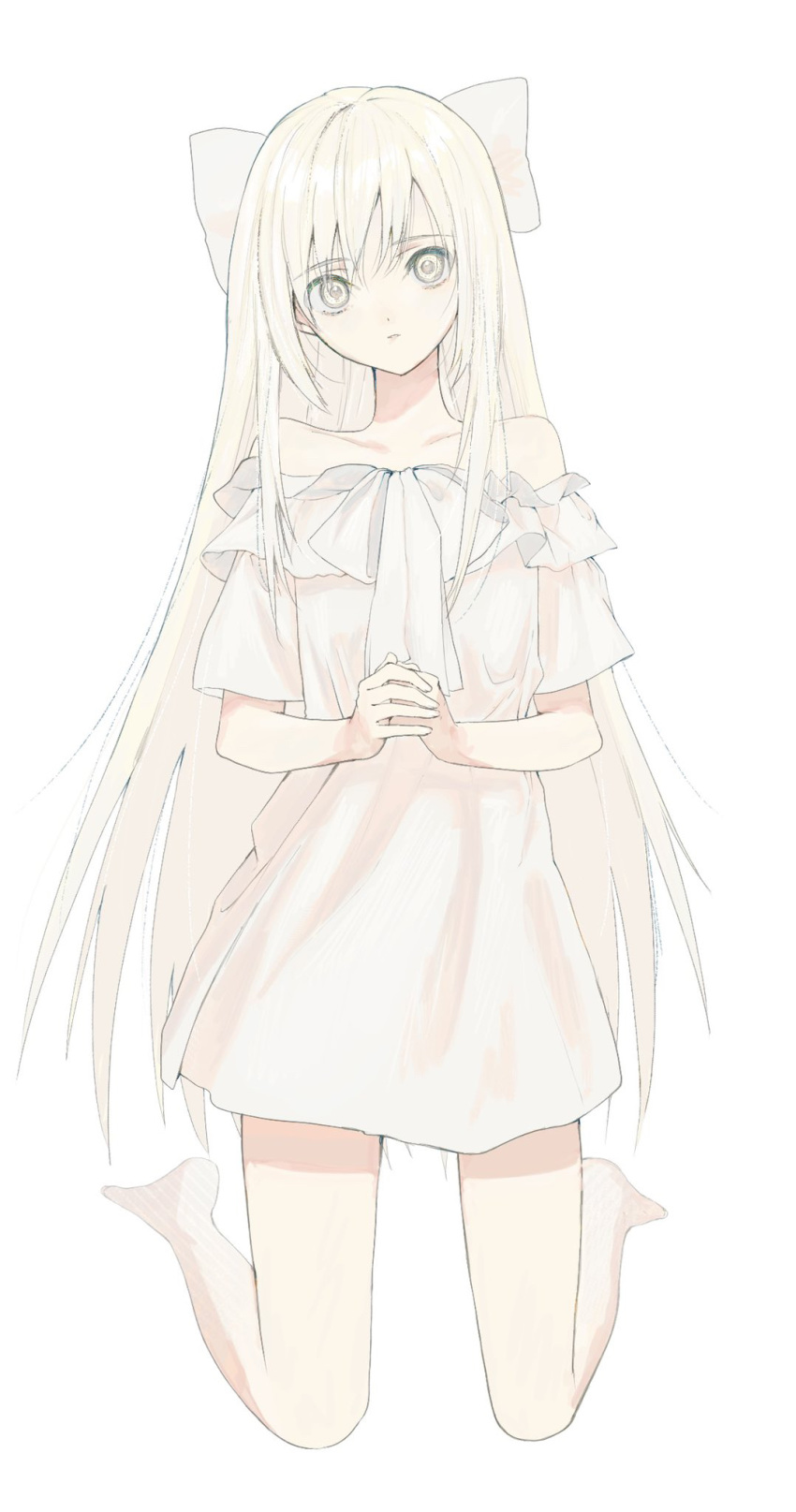 1girl bare_shoulders barefoot bow dress expressionless hair_bow highres kneeling long_hair looking_at_viewer original own_hands_together solo very_long_hair white_background white_dress white_eyes white_hair white_theme yasumibi_roa