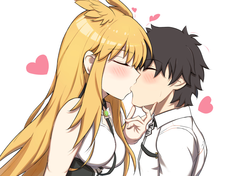 1boy 1girl absurdres black_hair blonde_hair blush breasts caravthir closed_eyes fate/grand_order fate_(series) fujimaru_ritsuka_(male) hand_on_another's_chin head_wings heart highres kiss large_breasts thrud_(fate) valkyrie_(fate) wings