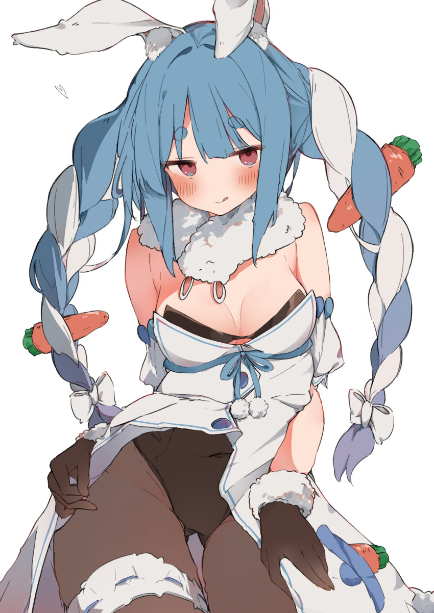 1girl absurdres animal_ear_fluff animal_ears black_gloves black_leotard black_pantyhose blue_hair blush breasts carrot_hair_ornament don-chan_(usada_pekora) dress food-themed_hair_ornament fur-trimmed_dress fur-trimmed_gloves fur_trim gloves hair_ornament highres hololive leotard leotard_under_clothes licking_lips long_hair looking_at_viewer medium_breasts multicolored_hair pantyhose rabbit_ears rabbit_girl red_eyes removing_jacket short_eyebrows tntl_nemui tongue tongue_out two-tone_hair undressing usada_pekora usada_pekora_(1st_costume) virtual_youtuber white_dress white_hair