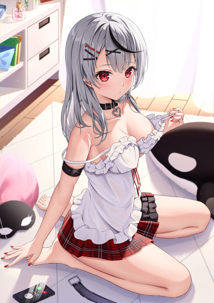 1girl belt belt_collar black_collar black_hair breasts camisole cellphone cleavage collar ear_piercing grey_hair hair_ornament hairpin highres hololive kag_tsukimi large_breasts long_hair looking_at_viewer mask multicolored_hair phone piercing red_eyes red_nails red_skirt sakamata_chloe sakamata_chloe_(1st_costume) skirt smartphone streaked_hair stuffed_orca unworn_belt unworn_mask virtual_youtuber white_camisole x_hair_ornament
