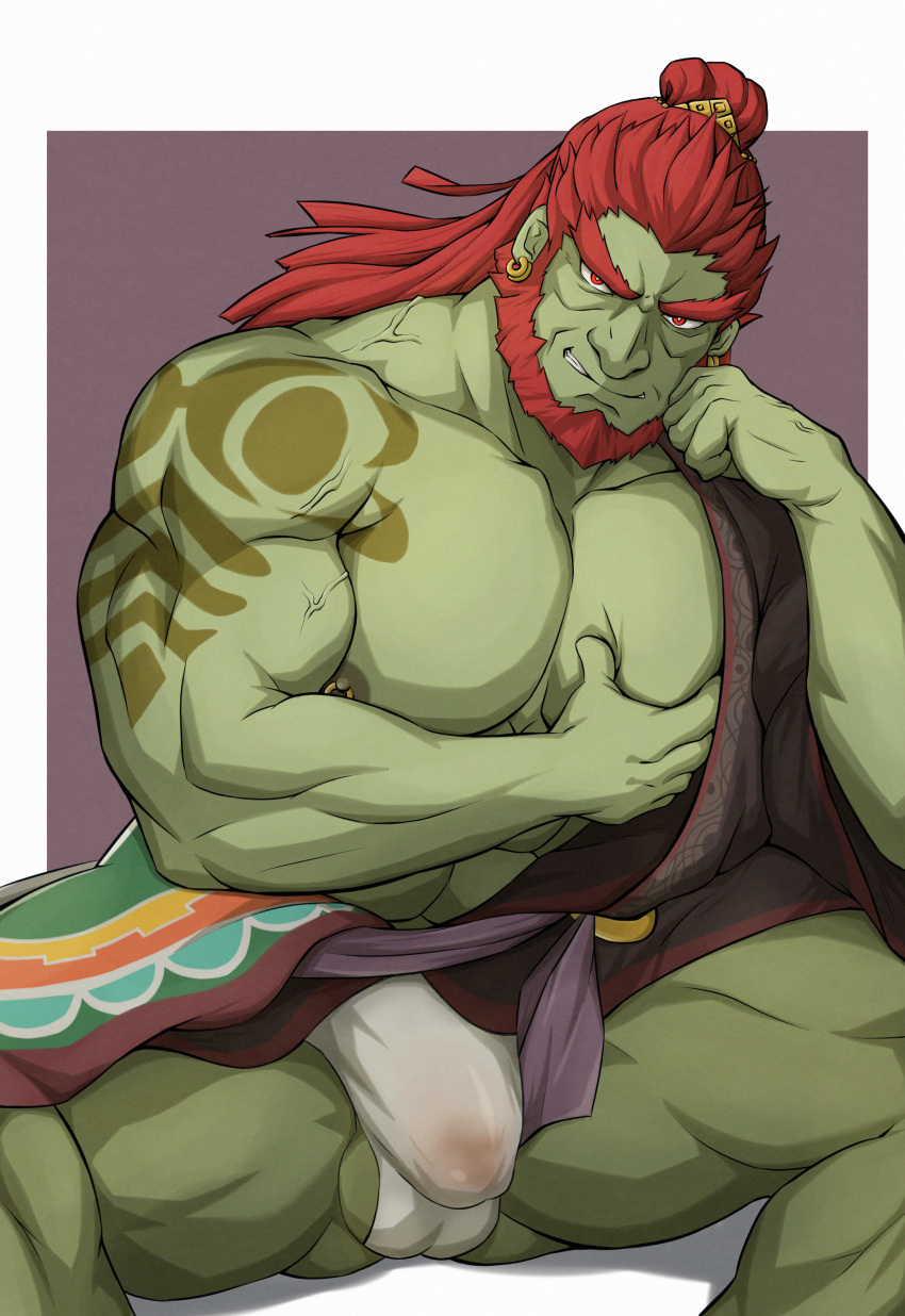 1boy absurdres ass_visible_through_thighs bara beard black_kimono bright_pupils collarbone colored_skin earrings facial_hair forked_eyebrows ganondorf gerudo grabbing_own_pectoral green_skin hadanugi_dousa head_rest highres japanese_clothes jewelry kareraisu kimono large_pectorals long_hair male_focus male_underwear mature_male muscular muscular_male naughty_face nipple_piercing nipple_rings pectorals piercing red_eyes red_hair shoulder_tattoo simple_background smile solo tattoo the_legend_of_zelda the_legend_of_zelda:_tears_of_the_kingdom thick_eyebrows thick_thighs thighs underwear v-shaped_eyebrows veins veiny_arms white_male_underwear white_pupils