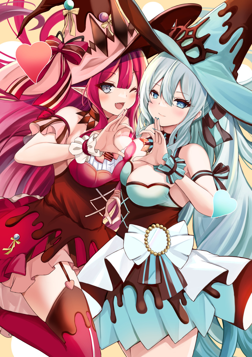 2girls absurdres baobhan_sith_(fate) baobhan_sith_(valentine_witches)_(fate) bare_shoulders black_bow blue_dress blue_eyes blue_headwear blush bow braid breasts cleavage dress fate/grand_order fate_(series) french_braid frilled_wrist_cuffs frills grey_eyes grey_hair hair_bow hat heart heart_hands highres large_breasts long_hair looking_at_viewer morgan_le_fay_(fate) morgan_le_fay_(valentine_witches)_(fate) multiple_girls one_eye_closed open_mouth pink_dress pink_hair pink_headwear pointy_ears ponytail shibakame sidelocks smile thighs very_long_hair witch_hat wrist_cuffs