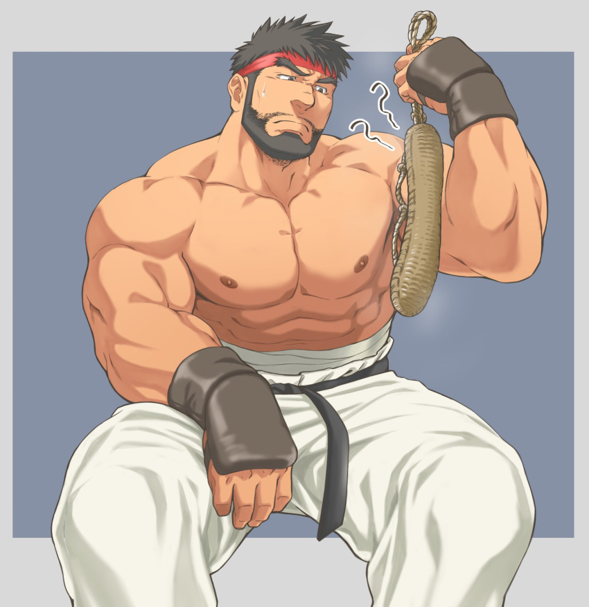 1boy abs bara beard black_hair facial_hair fingerless_gloves forked_eyebrows gloves headband highres holding holding_clothes holding_footwear invisible_chair large_pectorals male_focus midriff_sarashi muscular muscular_male nipples pants pectorals red_headband ryu_(street_fighter) sarashi short_hair simple_background sitting solo street_fighter street_fighter_6 sweatdrop tetsu_(kurotetsu1379) thick_eyebrows topless_male waraji white_pants