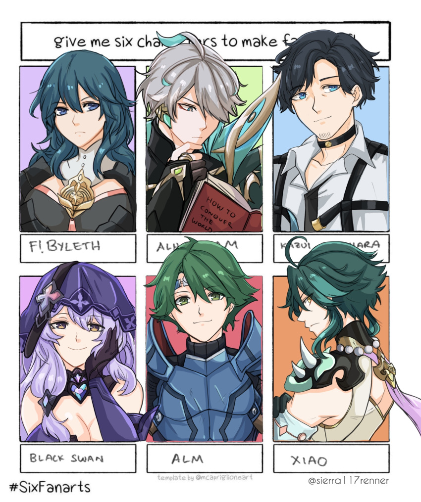 2girls 4boys absurdres ahoge alhaitham_(genshin_impact) alm_(fire_emblem) armor bare_shoulders black_gloves black_hair black_swan_(honkai:_star_rail) blue_eyes blue_hair book breastplate breasts byleth_(female)_(fire_emblem) byleth_(fire_emblem) cleavage commentary elbow_gloves fire_emblem fire_emblem:_three_houses fire_emblem_echoes:_shadows_of_valentia genshin_impact gloves green_hair grey_eyes grey_hair highres honkai:_star_rail honkai_(series) long_hair milgram mukuhara_kazui multiple_boys multiple_girls purple_hair shirt sierra117renner veil white_shirt xiao_(genshin_impact)