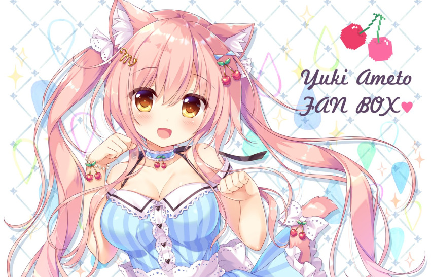 1girl :d ameto_yuki animal_ear_fluff animal_ears bangs bare_shoulders blush breasts brown_eyes cat_ears cat_girl cat_tail cherry_hair_ornament choker cleavage commentary_request dress eyebrows_visible_through_hair food_themed_hair_ornament hair_between_eyes hair_ornament hands_up head_tilt heart highres long_hair looking_at_viewer macaron_(ameto_yuki) medium_breasts open_mouth original paw_pose pink_hair plaid plaid_dress purple_choker purple_dress smile solo sparkle tail twintails very_long_hair water_drop