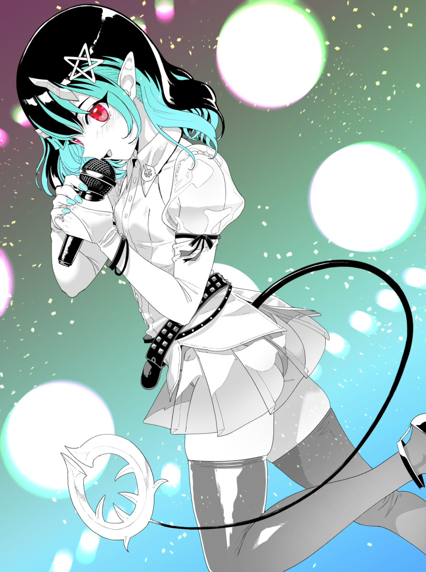 1girl alternate_costume belt black_hair blue_hair blue_nails blush breasts bridal_gauntlets buren collared_shirt demon_girl demon_horns demon_tail dutch_angle feet_out_of_frame fingernails highres holding holding_microphone horns looking_at_viewer looking_to_the_side medium_bangs medium_hair microphone miniskirt multicolored_hair nanashi_inc. open_mouth pentagram_hair_ornament pleated_skirt pointy_ears puffy_short_sleeves puffy_sleeves red_eyes shirt shishio_chris short_sleeves skindentation skirt small_breasts smile solo spot_color studded_belt tail thighhighs two-tone_hair virtual_youtuber