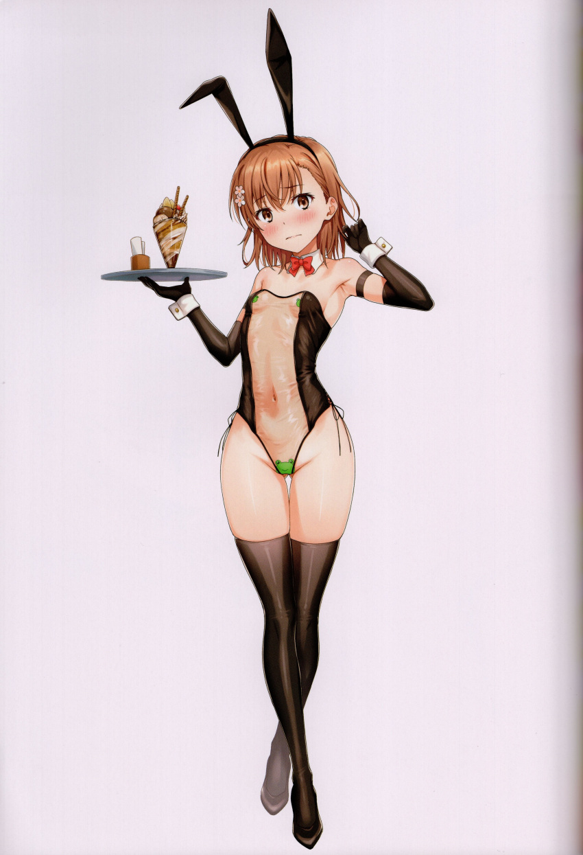 1girl absurdres animal_ears blush breasts brown_eyes brown_hair closed_mouth covered_navel detached_collar elbow_gloves fake_animal_ears food gloves hair_ornament highres ice_cream ice_cream_cup isshi_pyuma leotard looking_at_viewer misaka_mikoto rabbit_ears scan see-through solo strapless strapless_leotard thighhighs toaru_kagaku_no_railgun toaru_majutsu_no_index tray white_background wrist_cuffs