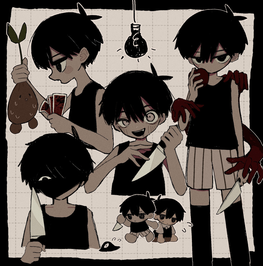 1other 2boys angry antenna_hair apple barefoot black_eyes black_hair black_socks black_sweater_vest black_tank_top brown_shorts chibi colored_skin dual_persona expressions fang flying_sweatdrops food fruit hair_between_eyes happy highres holding holding_knife holding_ticket knife light_bulb looking_at_viewer multiple_boys omori omori_(omori) open_mouth shirt short_hair short_sleeves shorts sleeveless sleeveless_shirt socks solo_focus sprout_mole striped_clothes striped_shorts sunny_(omori) sweat sweatdrop sweater_vest tank_top ticket user_yprm7442 vertical-striped_clothes vertical-striped_shorts white_eyes white_shorts white_skin