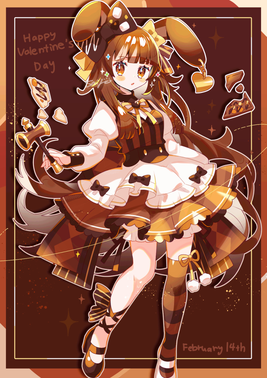 1girl :o animal_ear_piercing animal_ears apron bow brown_background brown_footwear brown_hair brown_shirt brown_skirt brown_thighhighs chocolate commentary dated full_body hair_bow hammer happy_valentine highres holding holding_hammer inset_border long_hair looking_at_viewer original outline patterned_background puffy_sleeves rabbit_ears saijo1201 shirt single_thighhigh skirt sparkle striped_clothes striped_thighhighs thighhighs very_long_hair white_apron white_sleeves yellow_bow yellow_eyes