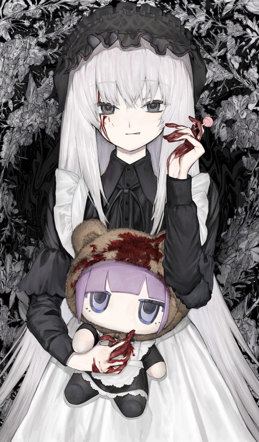 1girl absurdres apron black_dress black_eyes black_hairband blood blood_on_clothes blood_on_face blood_on_hands candy dress food gothic_lolita grey_hair hairband highres holding holding_candy holding_food holding_lollipop holding_stuffed_toy hood licking_lips lolita_fashion lollipop long_hair looking_at_viewer original smile stuffed_toy tongue tongue_out upper_body very_long_hair yasumibi_roa