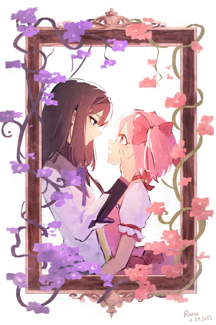 2girls absurdres akemi_homura black_hair bow dated english_commentary eye_contact flower from_side hair_bow hairband hand_on_another's_cheek hand_on_another's_face highres kaname_madoka long_sleeves looking_at_another magical_girl mahou_shoujo_madoka_magica multiple_girls open_mouth picture_frame pink_bow pink_eyes pink_hair plant profile puffy_short_sleeves puffy_sleeves purple_eyes rn9 short_sleeves signature smile twintails upper_body vines yuri