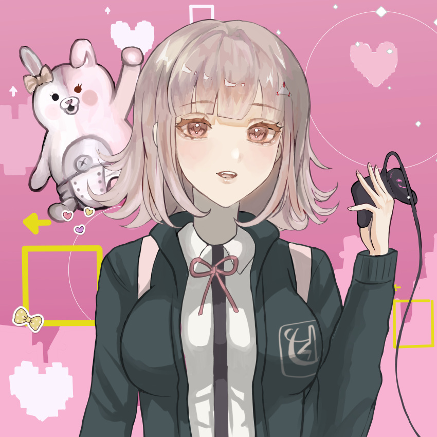 1girl :d absurdres bow breasts brown_hair collared_shirt controller danganronpa_(series) danganronpa_2:_goodbye_despair diaper ear_bow flipped_hair hair_ornament highres holding holding_controller jacket long_sleeves looking_at_viewer medium_hair monomi_(danganronpa) nanami_chiaki neck_ribbon open_clothes open_jacket pink_eyes ribbon shirt smile spaceship_hair_ornament teeth upper_body upper_teeth_only white_shirt zuuin