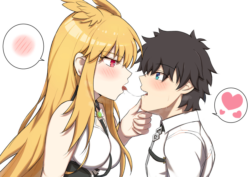 1boy 1girl absurdres after_kiss bare_shoulders black_hair blonde_hair blue_eyes blush breasts caravthir fate/grand_order fate_(series) fujimaru_ritsuka_(male) hand_on_another's_chin head_wings heart highres large_breasts red_eyes saliva saliva_trail thrud_(fate) tongue tongue_out valkyrie_(fate) wings