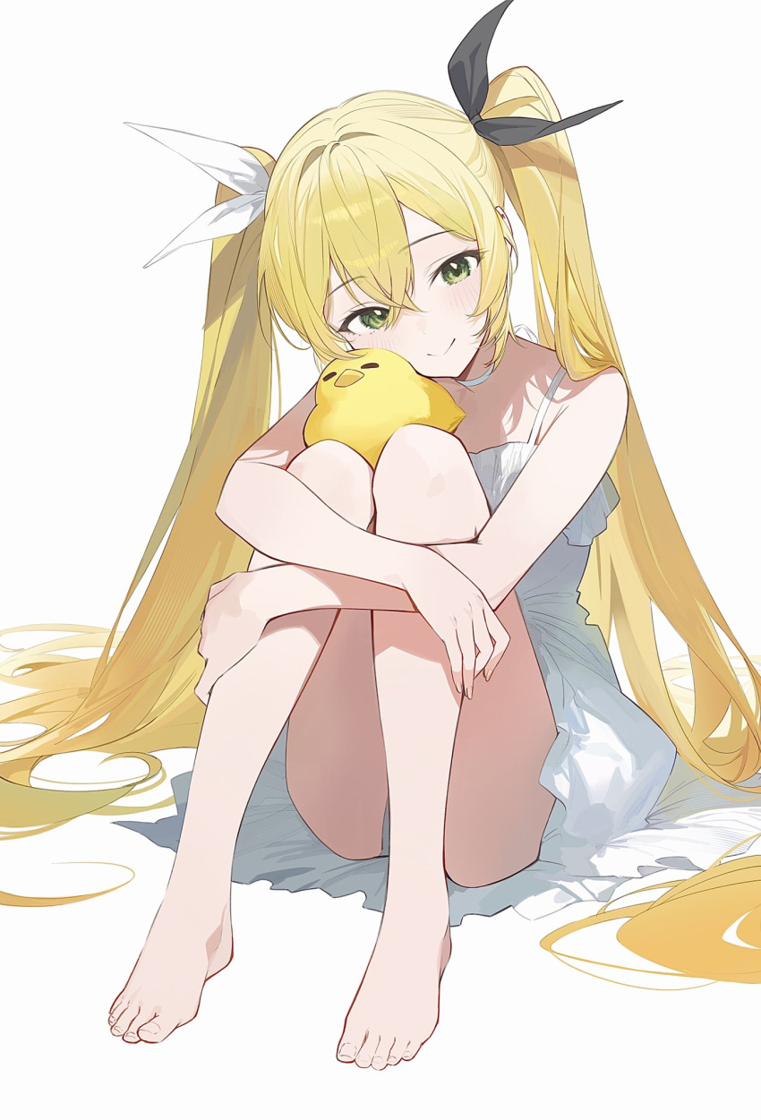 1girl absurdly_long_hair bare_legs barefoot black_ribbon blonde_hair choker closed_mouth crossed_bangs dokibird_(vtuber) dot_nose double-parted_bangs dragoon_(dokibird) dress feet fingernails full_body green_eyes hair_between_eyes hair_ribbon highres hugging_own_legs indie_virtual_youtuber knees_together_feet_apart knees_up legs light_blush long_fingernails long_hair looking_at_viewer panties pantyshot ribbon simple_background sitting sleeveless sleeveless_dress smile solo soybean_(hisoybean) split_mouth sundress toenails toes twintails underwear very_long_hair virtual_youtuber white_background white_choker white_dress white_panties white_ribbon