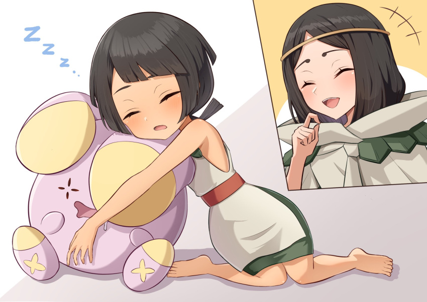 +++ 2girls aged_down barefoot blush character_request closed_eyes colored_skin commentary_request highres multiple_girls open_mouth pokemon pokemon_(creature) pokemon_oras purple_skin sleeping ssrg_pkmn whismur white_background zinnia_(pokemon) zzz