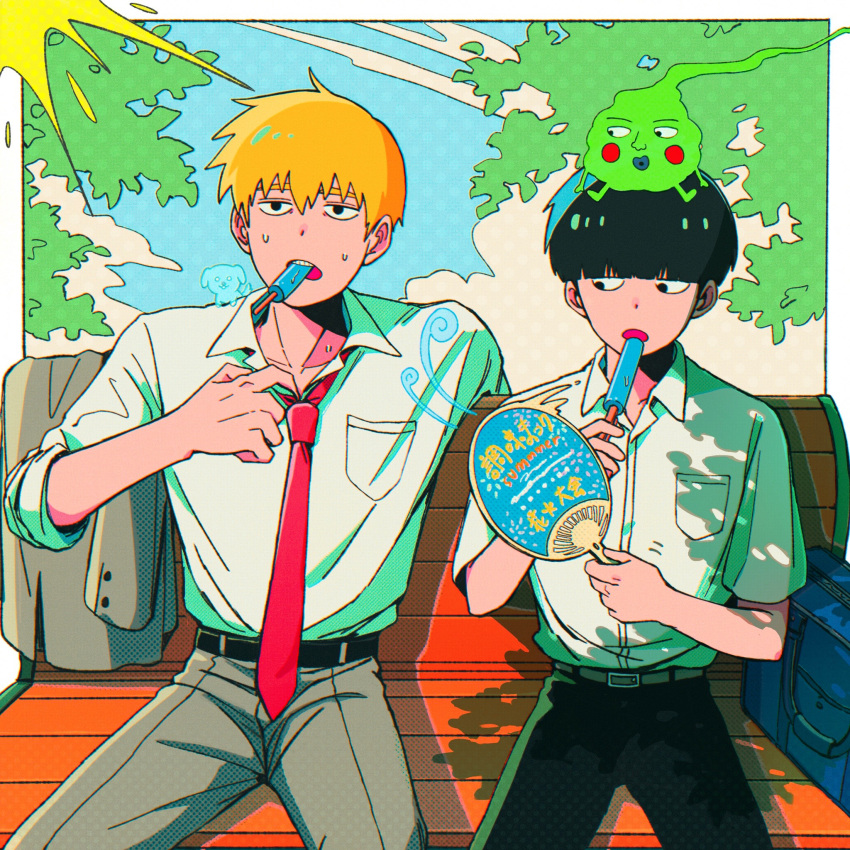 2boys bag bench black_eyes black_hair black_pants blonde_hair cm_wm collared_shirt commentary_request day ekubo_(mob_psycho_100) food food_in_mouth hand_fan highres holding holding_food hot kageyama_shigeo male_focus mob_psycho_100 multiple_boys necktie on_bench open_mouth outdoors pants popsicle popsicle_in_mouth red_necktie reigen_arataka school_bag shirt short_hair sitting spirit white_shirt