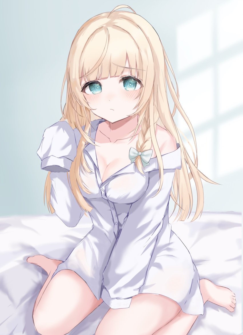 1girl absurdres ahoge barefoot blonde_hair blue_bow blue_eyes blush bow braid breasts cleavage commentary hair_bow highres hololive kazama_iroha koto_(user_cygc4478) long_hair looking_at_viewer medium_breasts naked_shirt shirt single_braid sleeves_past_fingers sleeves_past_wrists solo virtual_youtuber white_shirt
