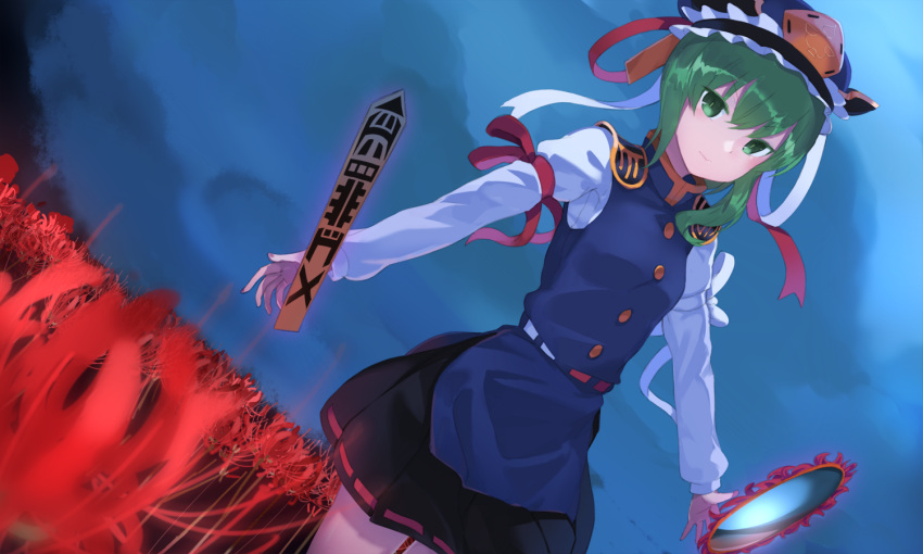 1girl black_skirt blue_vest breasts cloud cloudy_sky commentary_request dutch_angle field flower flower_field frilled_hat frills green_eyes green_hair hat medium_hair miniskirt mirror rod_of_remorse shiki_eiki skirt sky small_breasts smile solo spider_lily touhou usuaji vest