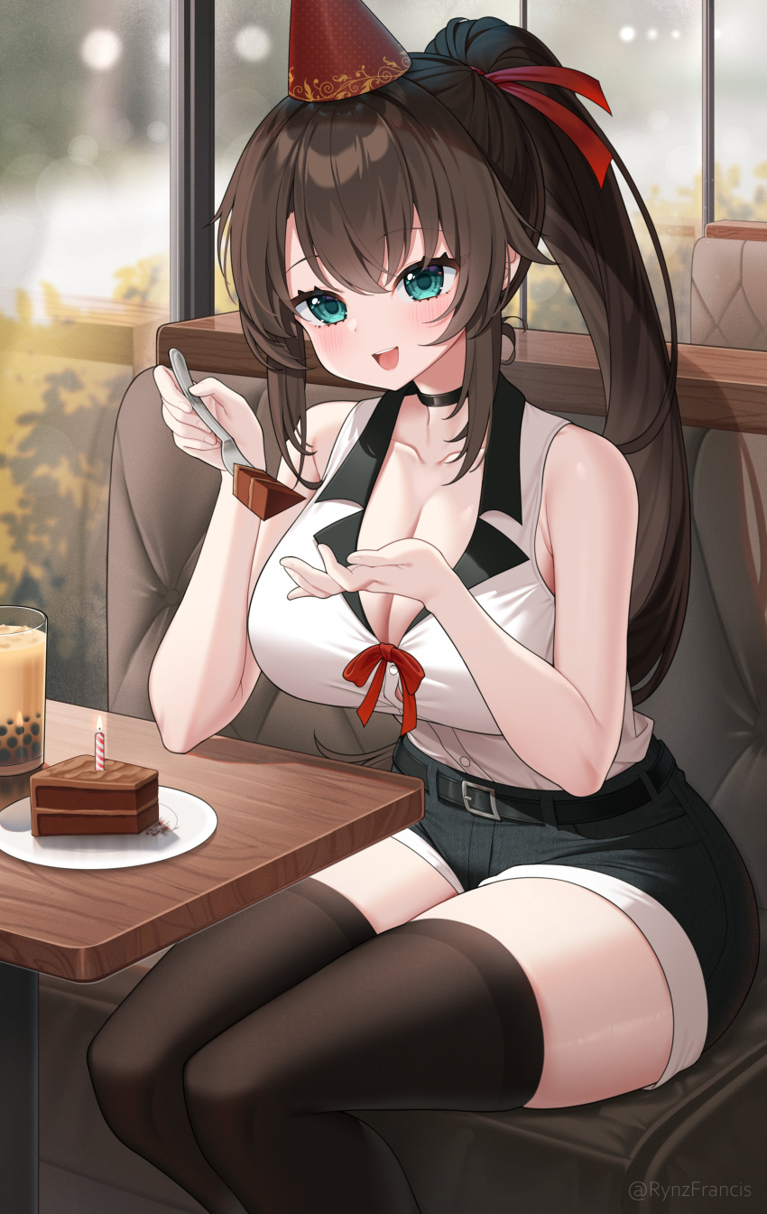 1girl absurdres belt black_collar black_shorts black_thighhighs blue_eyes blush breasts brown_hair bubble_tea cake cake_slice candle cleavage collar collarbone commission female_commander_(girls'_frontline) food fork girls'_frontline hands_up hat highres holding holding_fork indoors large_breasts long_hair looking_at_viewer open_mouth original party_hat ponytail red_ribbon ribbon rynzfrancis shirt shirt_tucked_in short_shorts shorts sidelocks sitting sleeveless sleeveless_shirt solo termichan_(not-a-bot) thighhighs twitter_username white_shirt