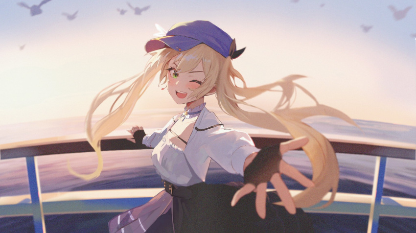 1girl bird blonde_hair blush dawn dokibird_(vtuber) dress film_grain fingerless_gloves foreshortening from_side gloves green_eyes hair_between_eyes hand_on_railing highres long_hair ocean one_eye_closed open_mouth reaching reaching_towards_viewer sky smile solo teeth upper_body upper_teeth_only virtual_youtuber