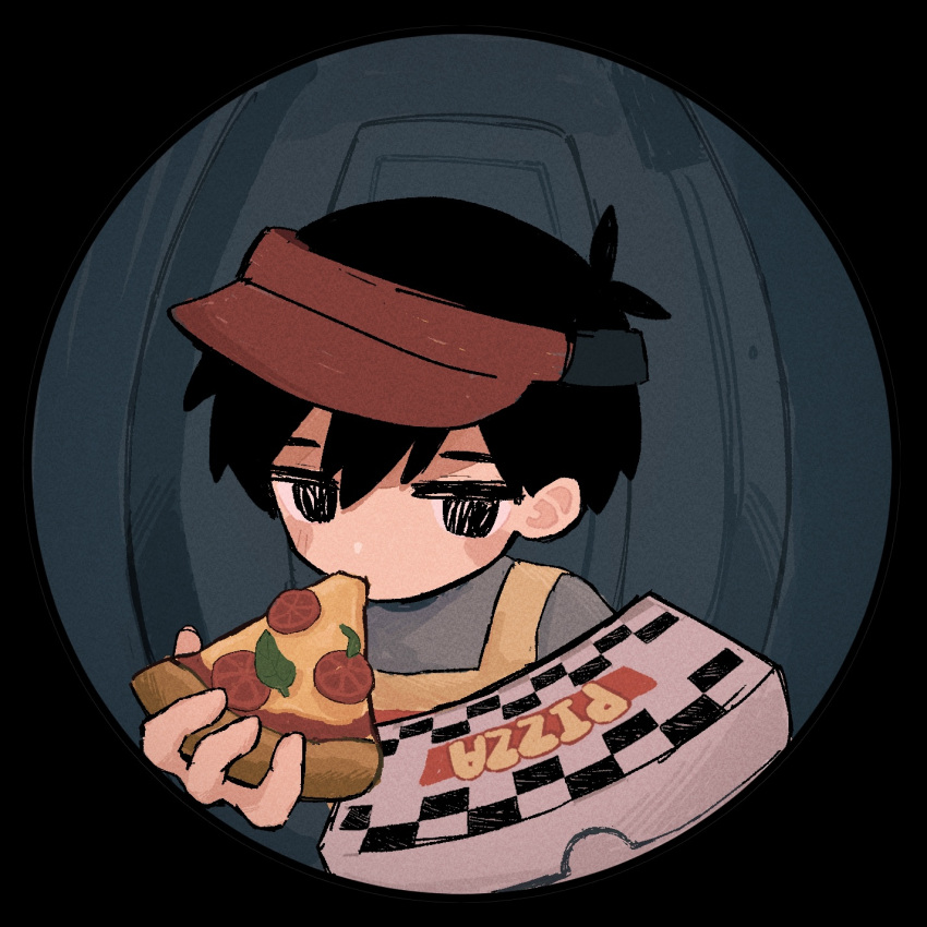 1boy antenna_hair apron black_eyes black_hair food grey_shirt hair_between_eyes highres holding holding_food holding_pizza looking_at_viewer official_alternate_costume omori pizza pizza_box pizza_slice red_headwear red_visor shirt short_hair short_sleeves solo sunny_(omori) user_yprm7442 visor_cap yellow_apron