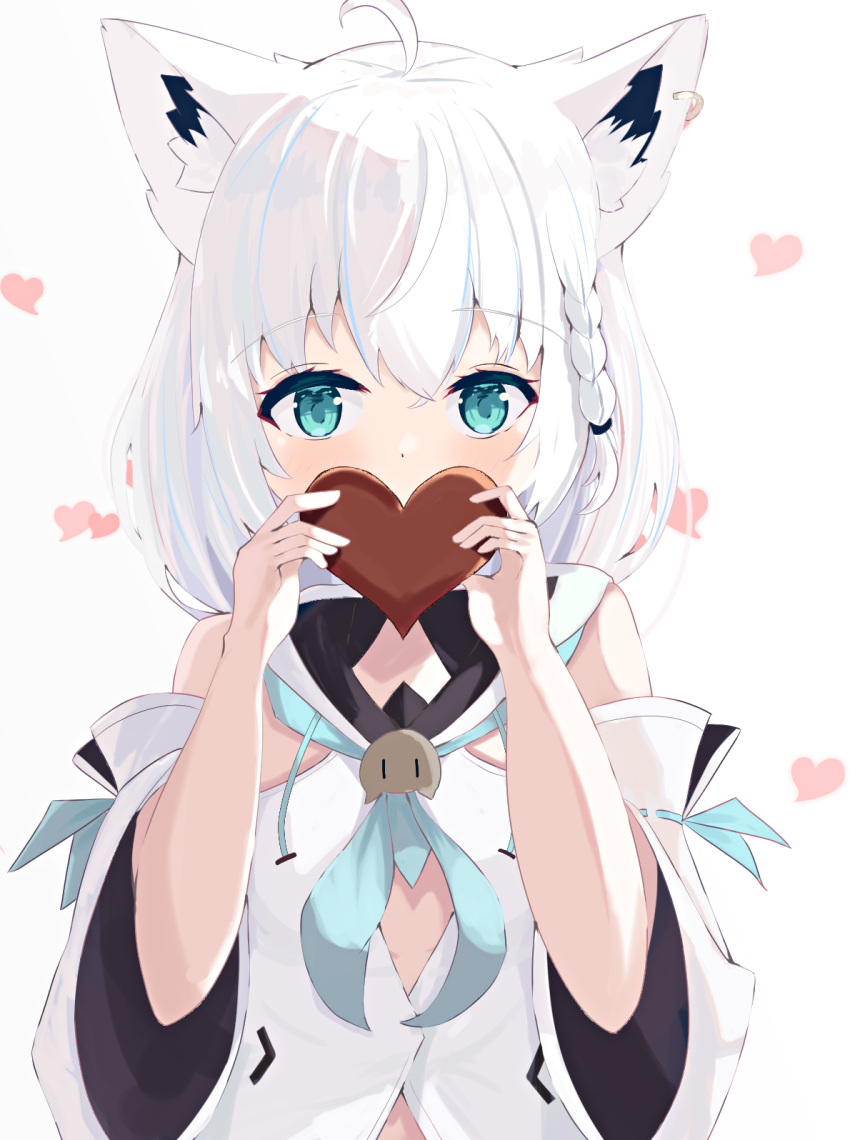 1girl ahoge animal_ear_fluff animal_ears aqua_eyes blue_neckerchief braid candy chocolate commentary_request covering_own_mouth detached_sleeves duosix_setsu0408 earrings food fox_ears fox_girl front_slit hair_between_eyes hands_up heart heart-shaped_chocolate heart_background highres holding holding_chocolate holding_food hololive hood hoodie jewelry light_blush long_hair long_sleeves looking_at_viewer neckerchief shirakami_fubuki shirakami_fubuki_(1st_costume) side_braid sidelocks single_earring solo straight-on valentine virtual_youtuber white_background white_hair white_hoodie white_sleeves wide_sleeves