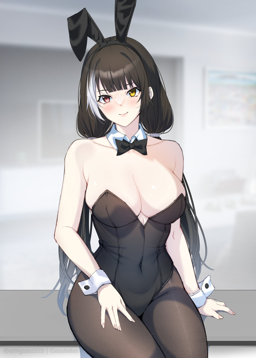 1girl absurdres alternate_costume animal_ears black_bow black_hair black_pantyhose blurry blurry_background blush bow bowtie breasts cleavage collar covered_navel entogman fake_animal_ears girls'_frontline hand_on_own_thigh heterochromia highres jewelry leotard long_hair looking_at_viewer multicolored_hair orange_eyes pantyhose playboy_bunny rabbit_ears ring ro635_(girls'_frontline) sitting smile streaked_hair wedding_ring white_hair wrist_cuffs yellow_eyes