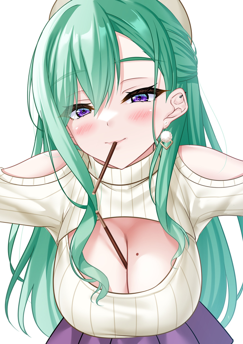 1girl bent_over between_breasts blush breasts cleavage cleavage_cutout clothing_cutout ear_piercing earrings food food_in_mouth green_hair hanging_breasts hat highres hisame_shiki holding holding_food holding_pocky jewelry large_breasts long_hair looking_at_viewer meme_attire mole mole_on_breast mouth_hold open-chest_sweater outstretched_arms piercing pleated_skirt pocky pocky_in_mouth pom_pom_(clothes) pom_pom_earrings purple_eyes purple_skirt ribbed_sweater shoulder_cutout skirt solo sweater swept_bangs turtleneck turtleneck_sweater very_long_hair virtual_youtuber vspo! white_background white_headwear white_sweater yakumo_beni yakumo_beni_(3rd_costume)