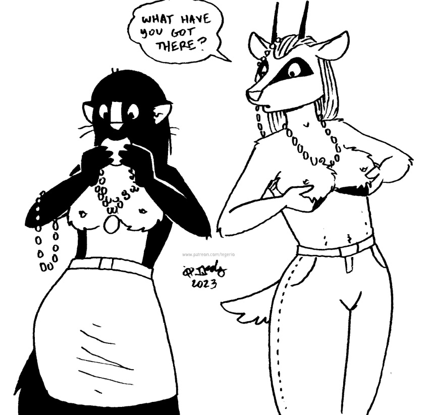 2023 antelope anthro bead_necklace black_and_white bottomwear bovid breasts carnival_(holiday) clothed clothing dialogue duo eating female hi_res holding_breast holidays horn mammal mardi_gras mephitid monochrome sketch skirt skunk speech_bubble tegerio topless utica_the_huntress