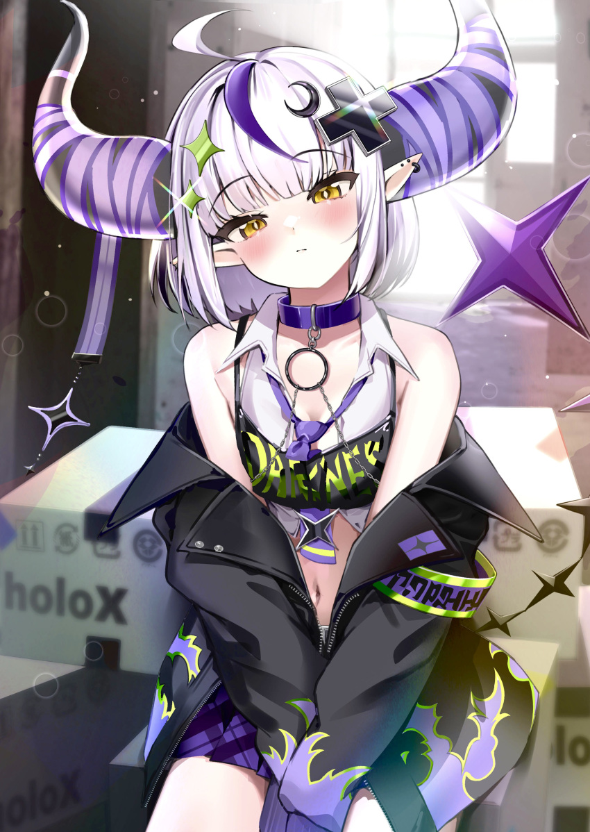 1girl absurdres ahoge bare_shoulders black_jacket blush breasts choker closed_mouth collared_shirt crop_top demon_horns earrings hair_ornament head_tilt highres hololive horns jacket jewelry la+_darknesss la+_darknesss_(3rd_costume) long_sleeves looking_at_viewer midriff miniskirt multicolored_hair navel off_shoulder open_clothes open_jacket pleated_skirt pointy_ears purple_choker purple_skirt shirt short_hair sitting skirt sleeveless sleeveless_shirt small_breasts solo stomach streaked_hair suspenders tate_yukimi v_arms virtual_youtuber white_hair white_shirt yellow_eyes