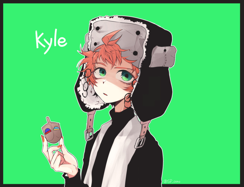 1boy character_name dreidel fur_hat green_background green_eyes halloween_(owo) hat holding kyle_broflovski long_sleeves looking_at_viewer male_focus nail_polish open_mouth orange_hair scarf shaded_face solo south_park turtleneck upper_body ushanka